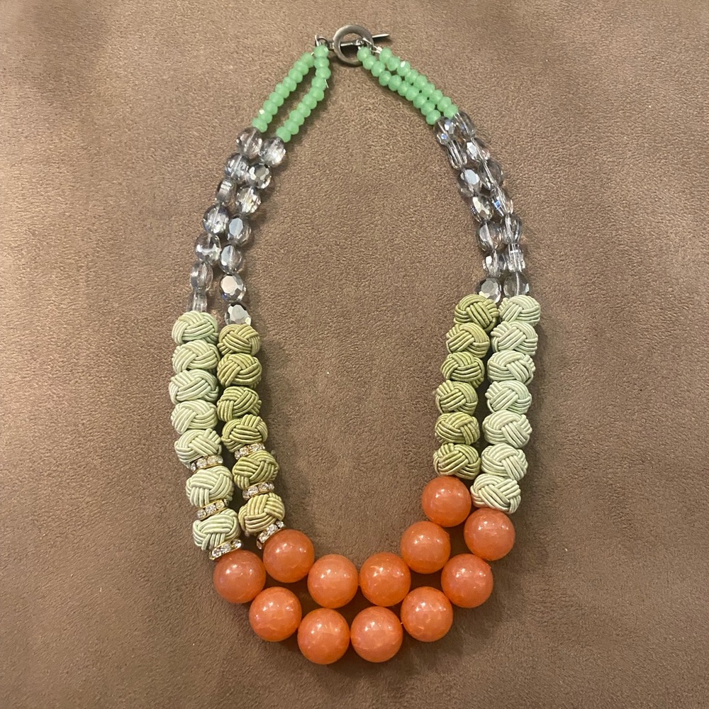 Anthropologie Green and Coral Beaded Necklace